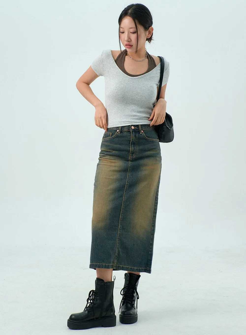 Dark Wash Denim Maxi Skirt CY325