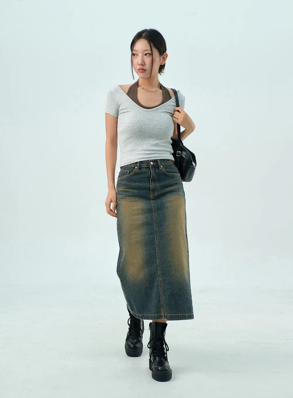 Dark Wash Denim Maxi Skirt CY325