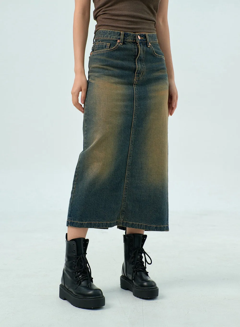 Dark Wash Denim Maxi Skirt CY325