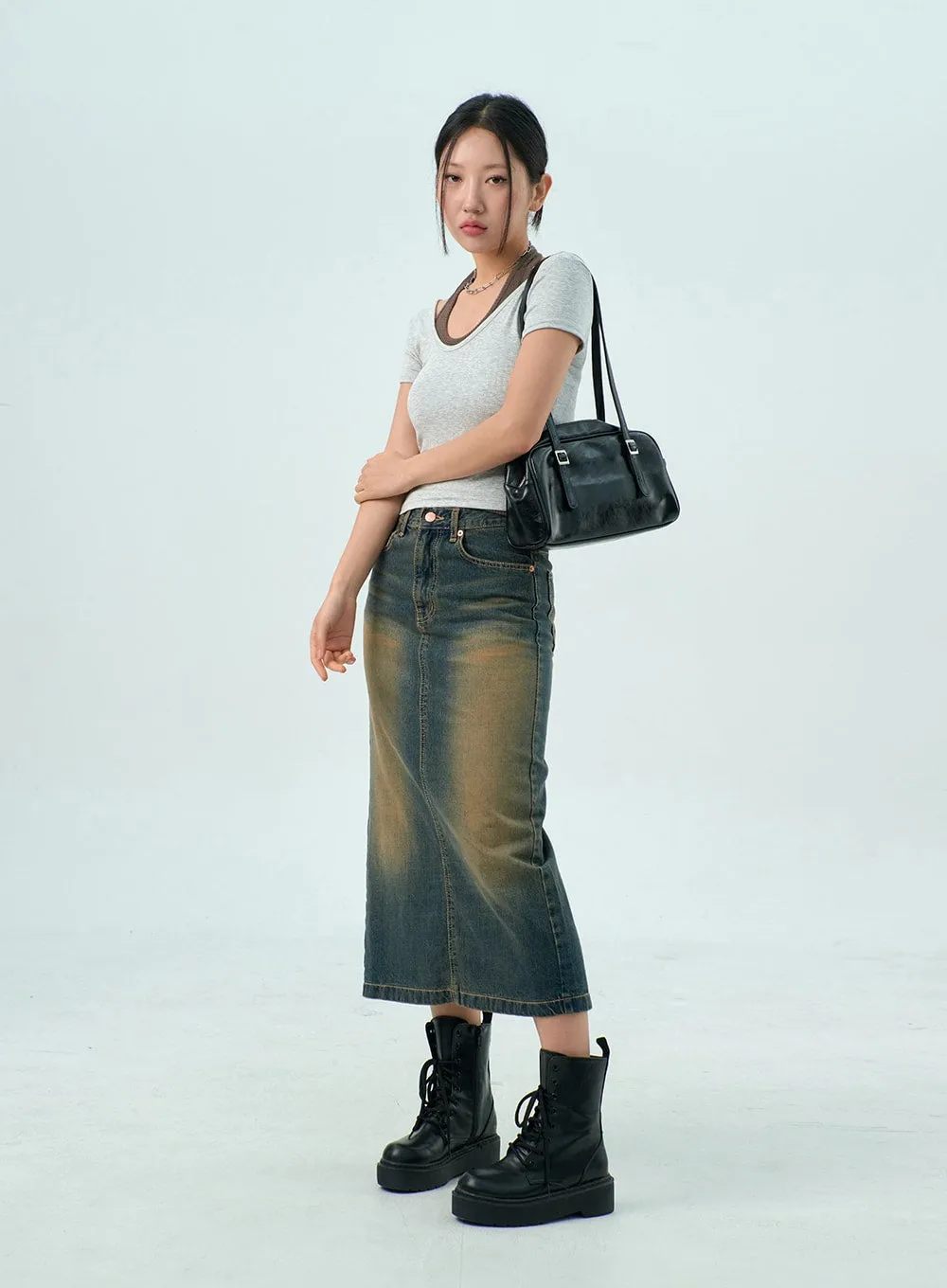 Dark Wash Denim Maxi Skirt CY325