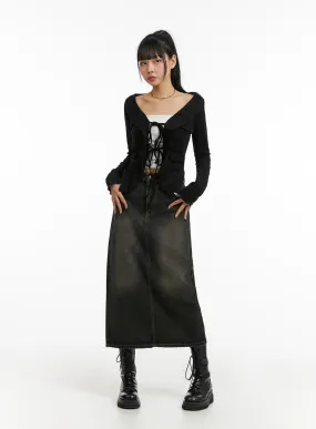 Denim Mid Waist Pocket Maxi Skirt CJ411