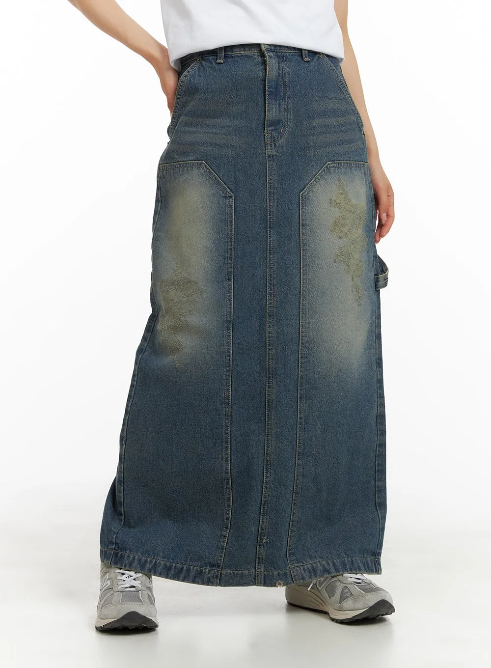 Destroyed Detail Denim Maxi Skirt CA408