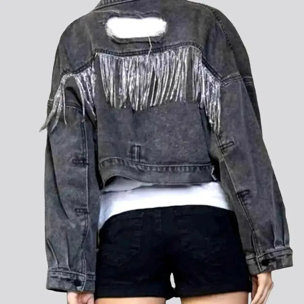 Distressed diamond jean jacket for women