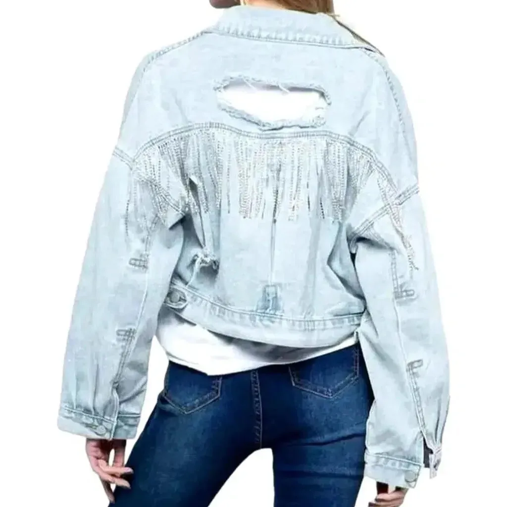 Distressed diamond jean jacket for women