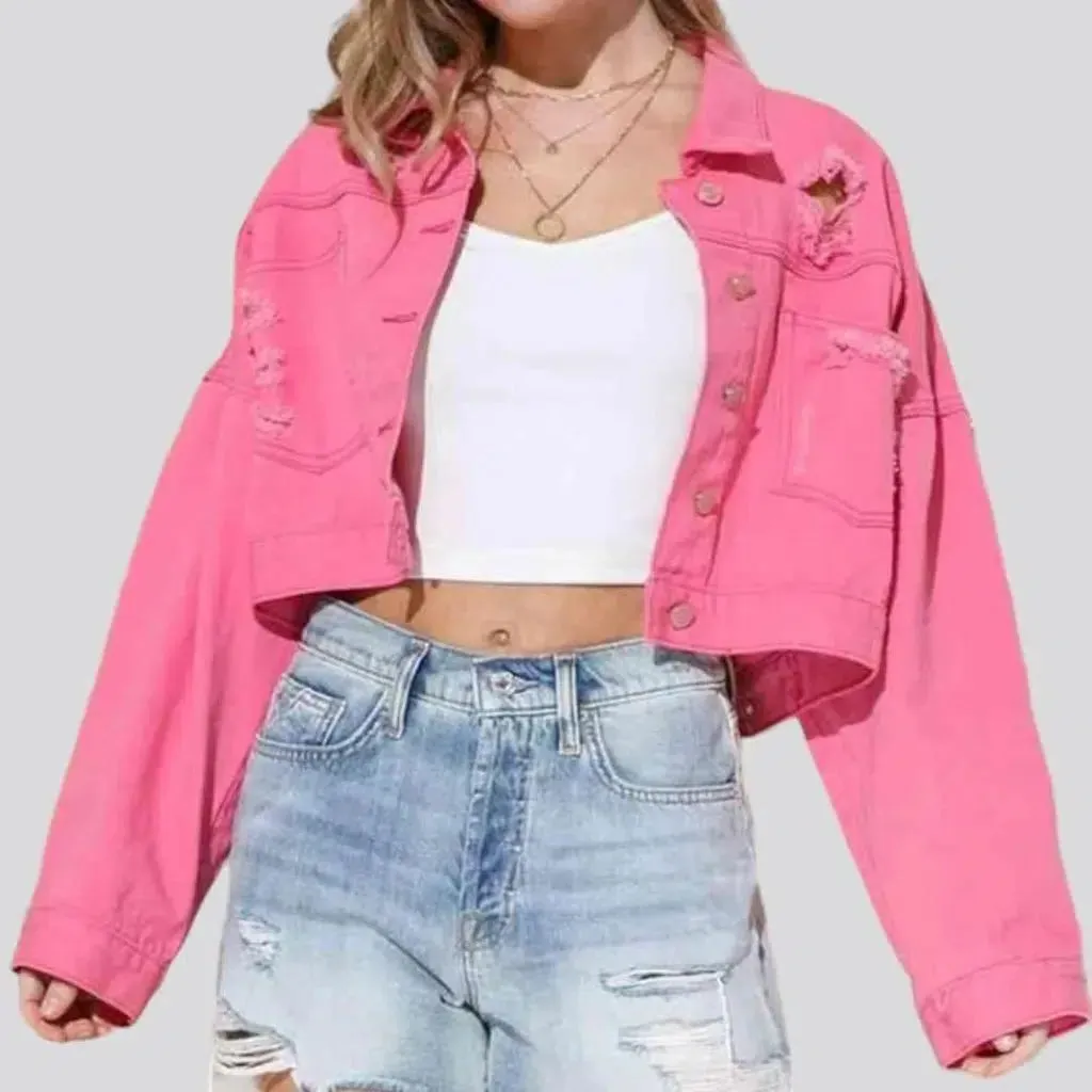 Distressed diamond jean jacket for women