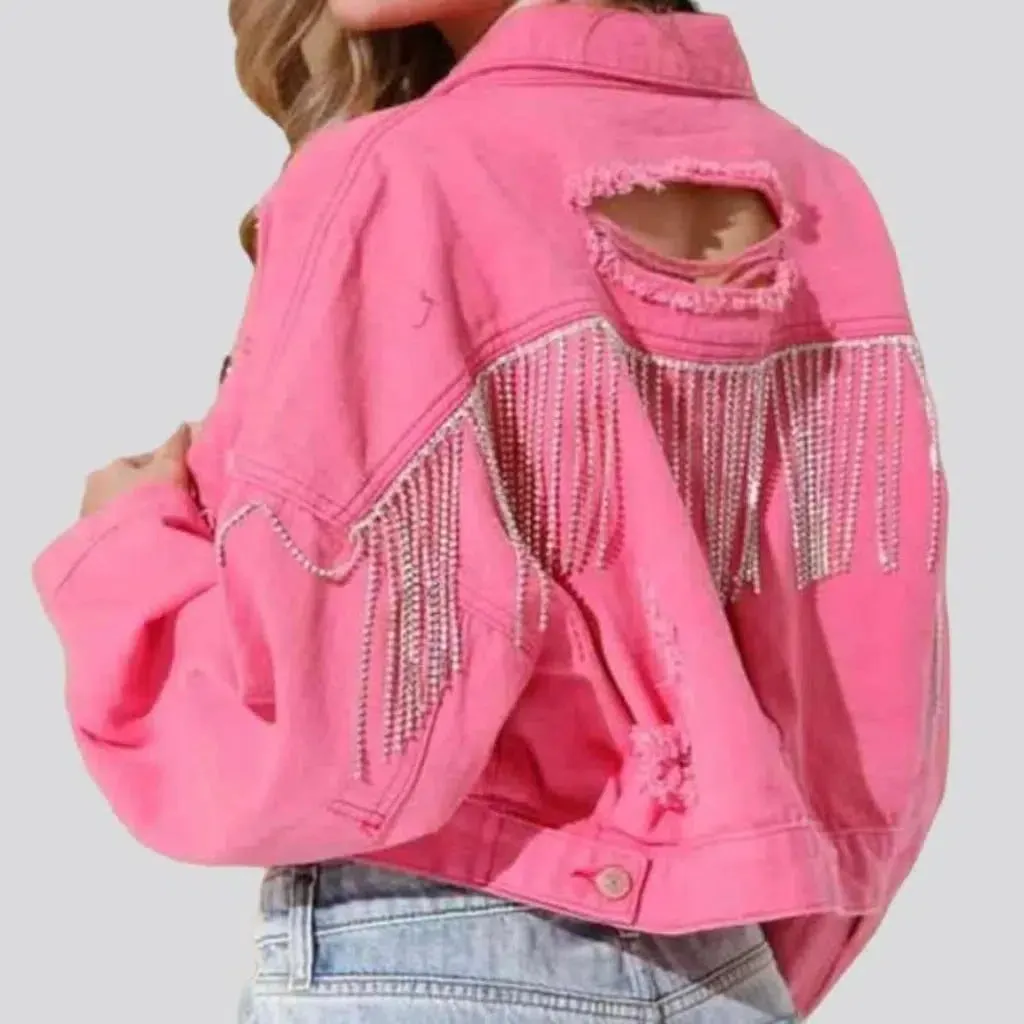 Distressed diamond jean jacket for women