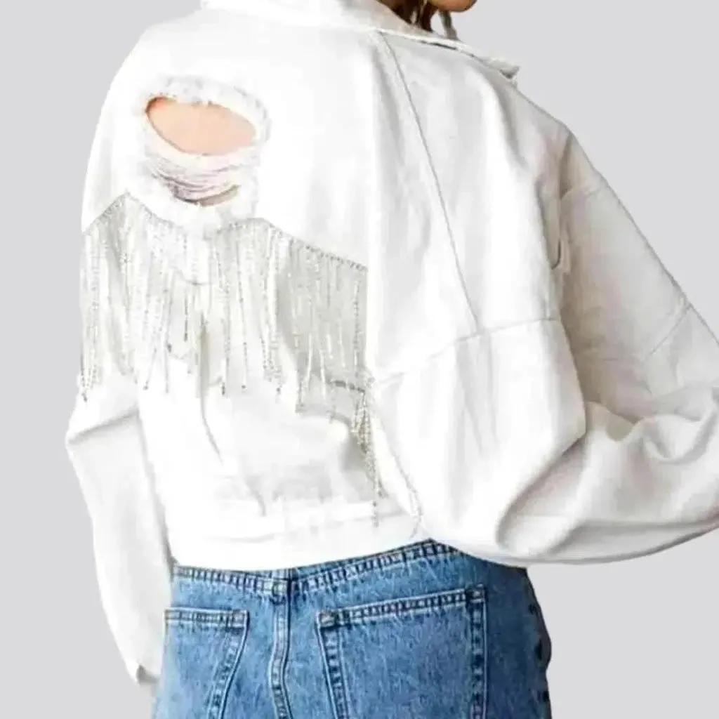 Distressed diamond jean jacket for women