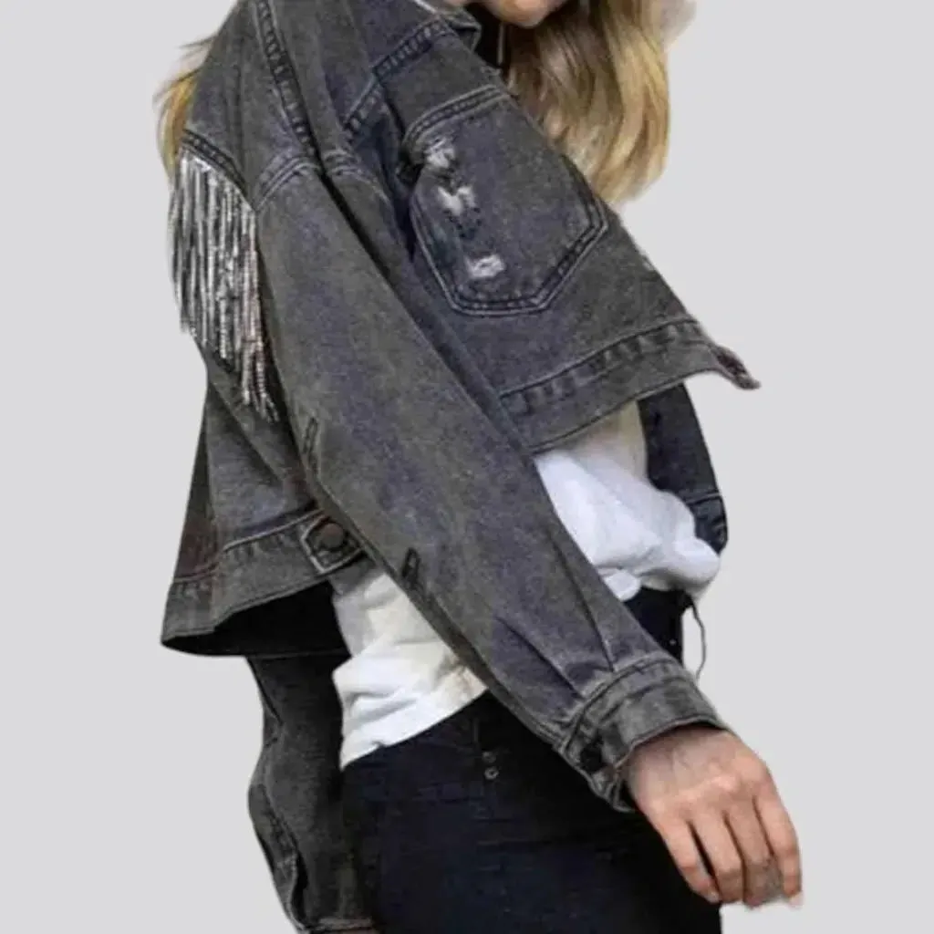 Distressed diamond jean jacket for women