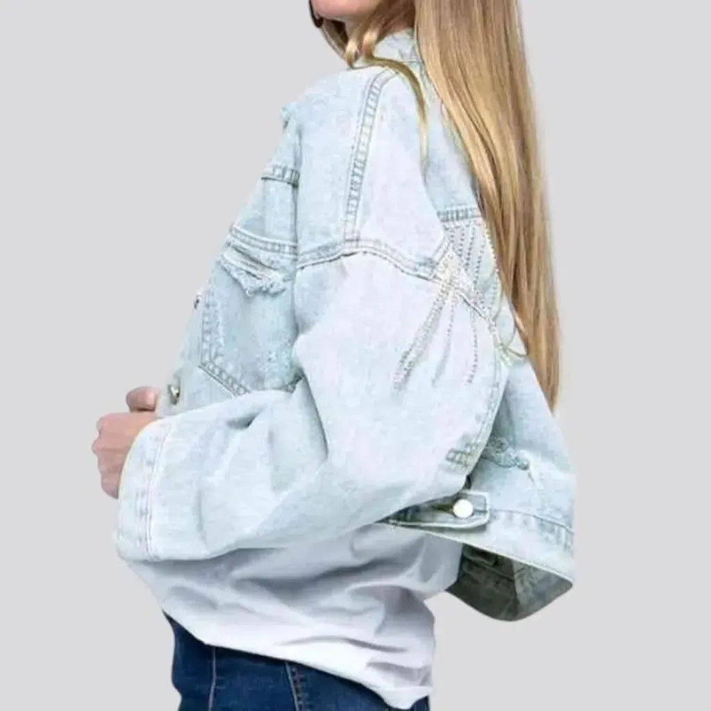 Distressed diamond jean jacket for women