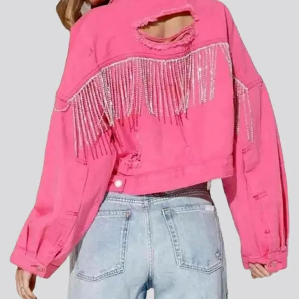 Distressed diamond jean jacket for women