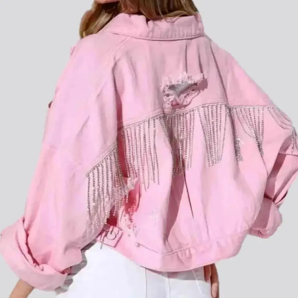 Distressed diamond jean jacket for women