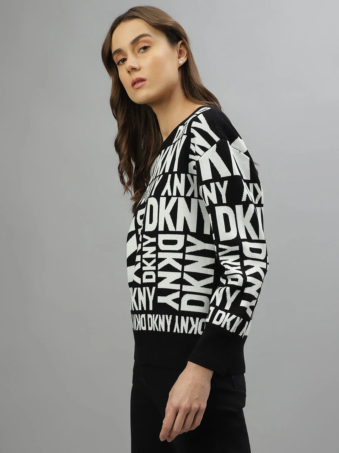 Dkny Women Printed Round Neck Full Sleeves Sweater