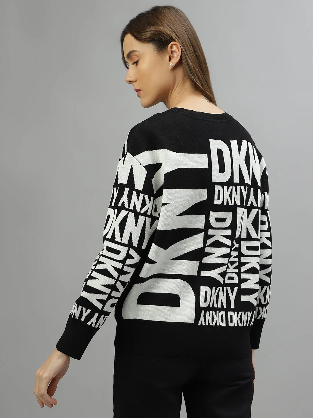 Dkny Women Printed Round Neck Full Sleeves Sweater