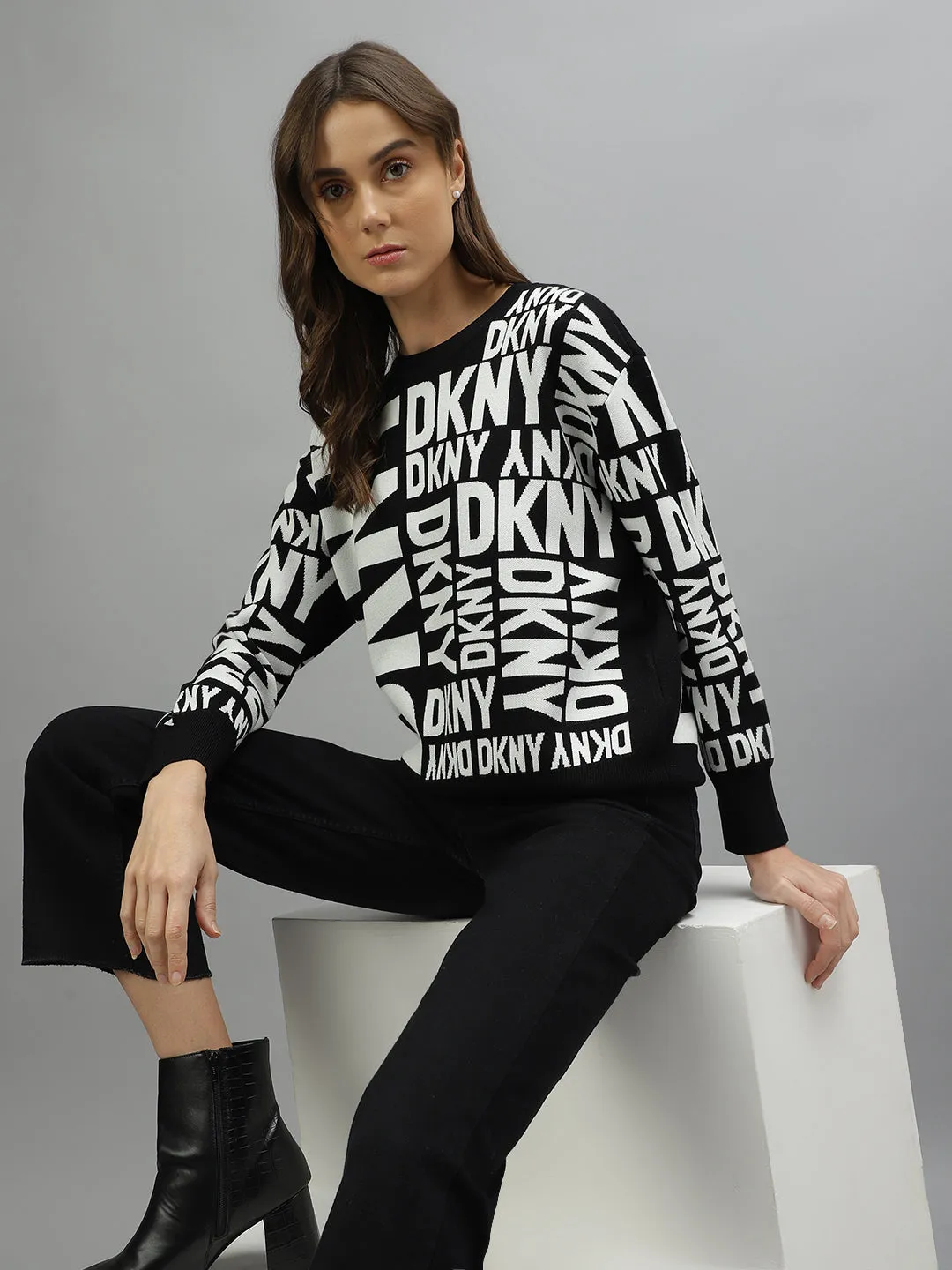 Dkny Women Printed Round Neck Full Sleeves Sweater