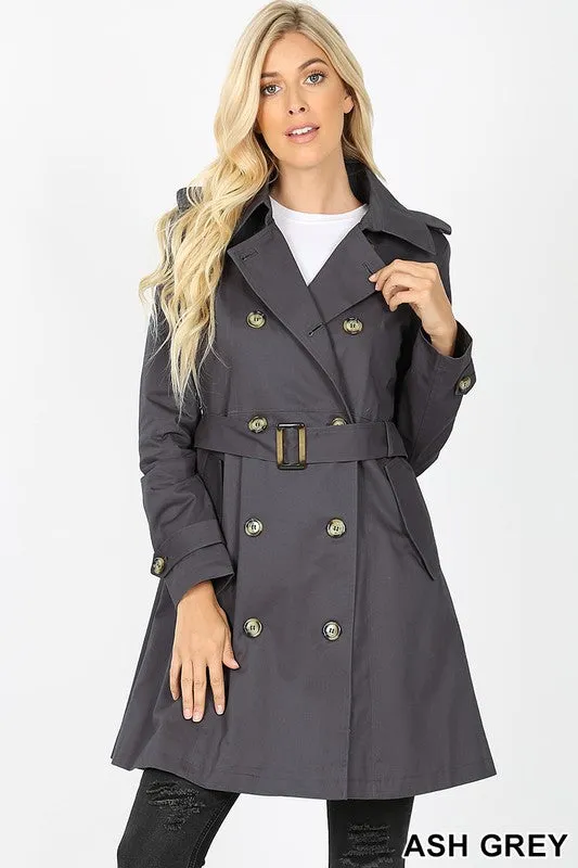 Double Breasted Cotton Twill Thigh Length Trench Coat