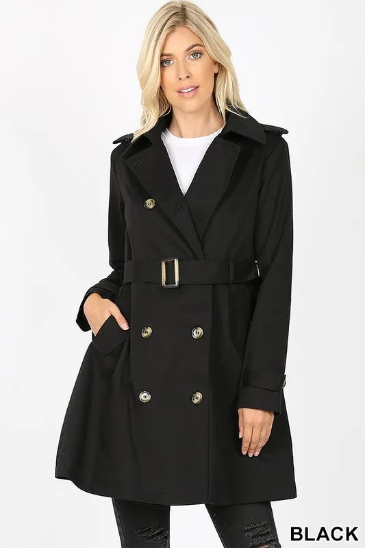 Double Breasted Cotton Twill Thigh Length Trench Coat