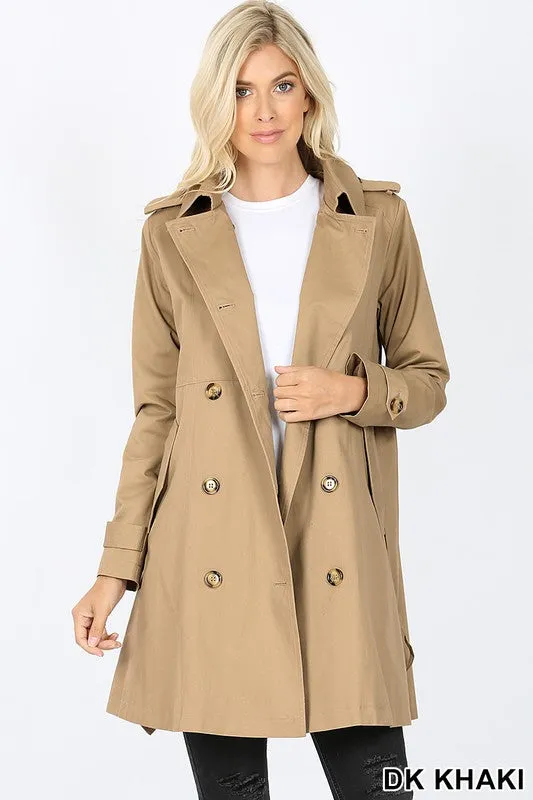 Double Breasted Cotton Twill Thigh Length Trench Coat