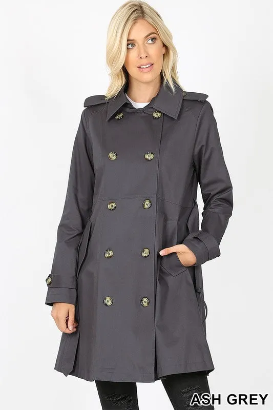 Double Breasted Cotton Twill Thigh Length Trench Coat