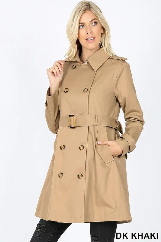 Double Breasted Cotton Twill Thigh Length Trench Coat