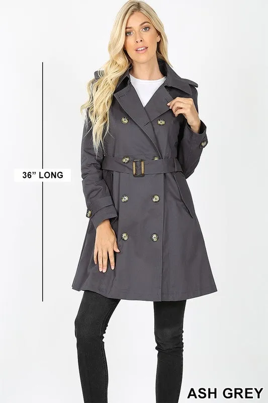 Double Breasted Cotton Twill Thigh Length Trench Coat