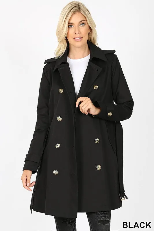 Double Breasted Cotton Twill Thigh Length Trench Coat