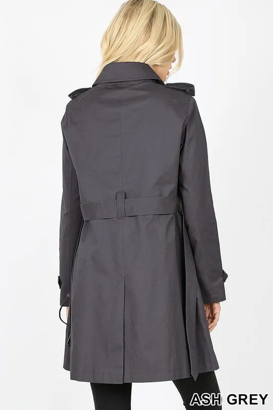 Double Breasted Cotton Twill Thigh Length Trench Coat