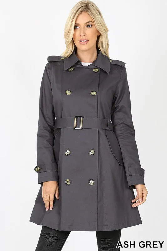 Double Breasted Cotton Twill Thigh Length Trench Coat