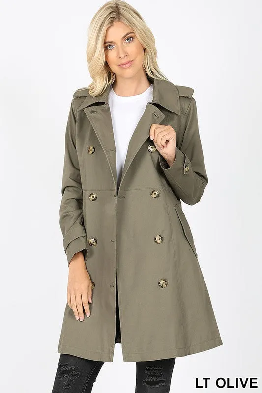 Double Breasted Cotton Twill Thigh Length Trench Coat