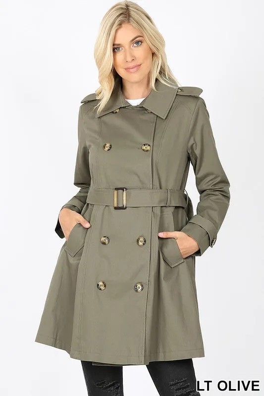 Double Breasted Cotton Twill Thigh Length Trench Coat