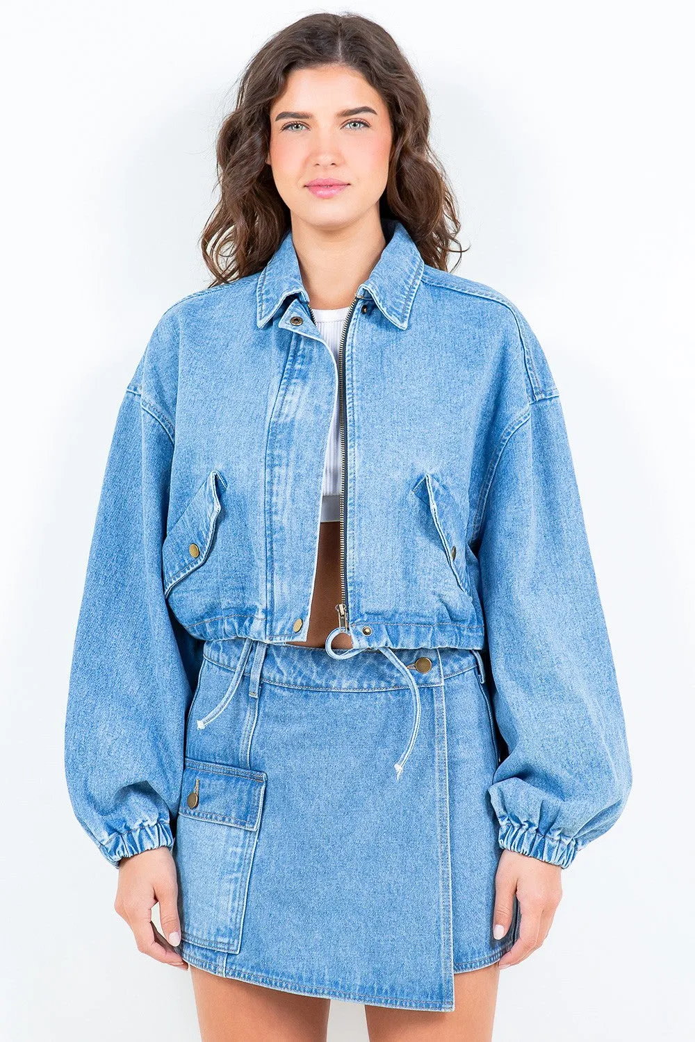 Drawstring Waist Crop Denim Jacket