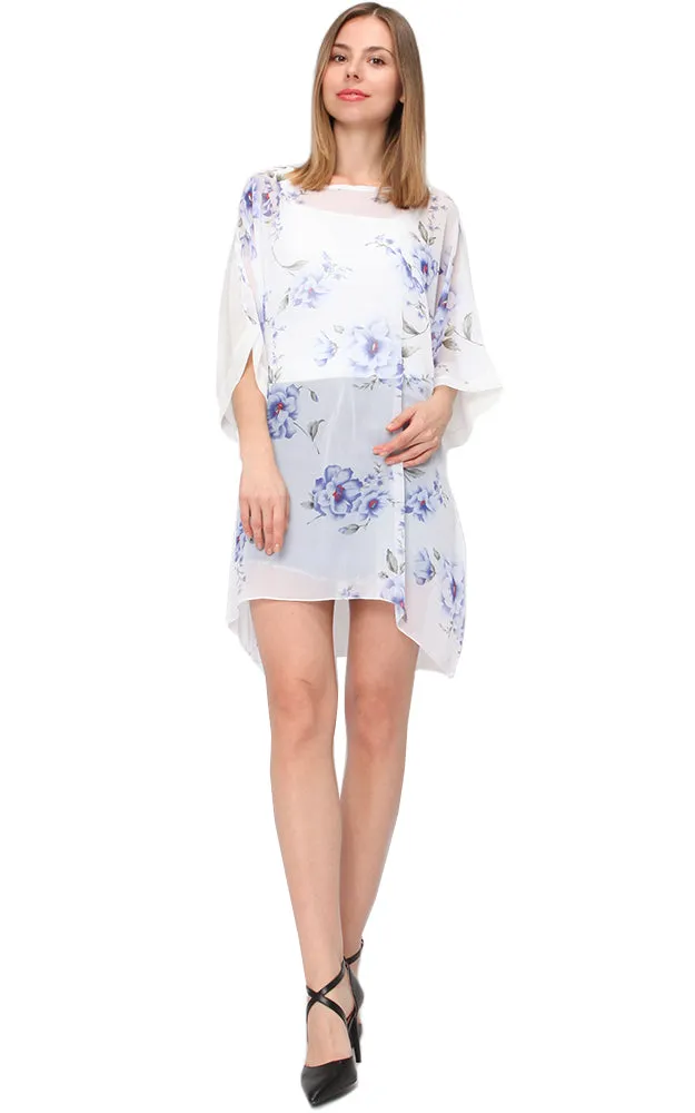 EAP9326 White Flower Print Chiffon Poncho