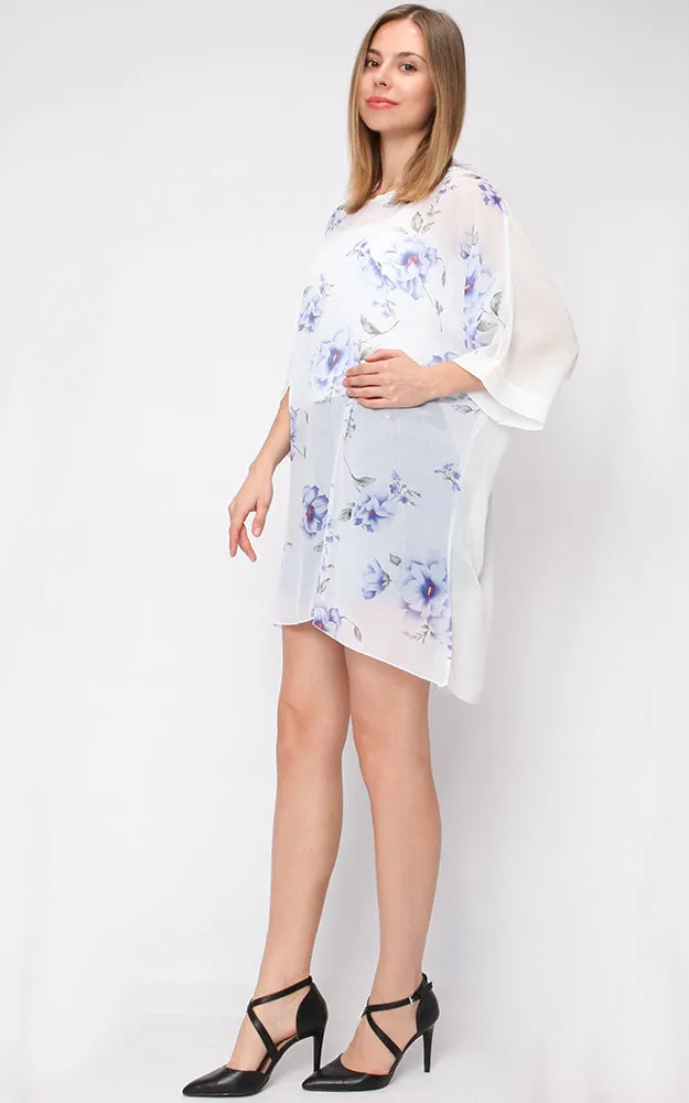 EAP9326 White Flower Print Chiffon Poncho