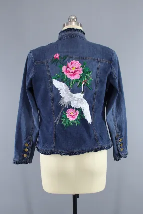 Embroidered Denim Jacket / Asian Crane Bird & Peony Floral Embroidery