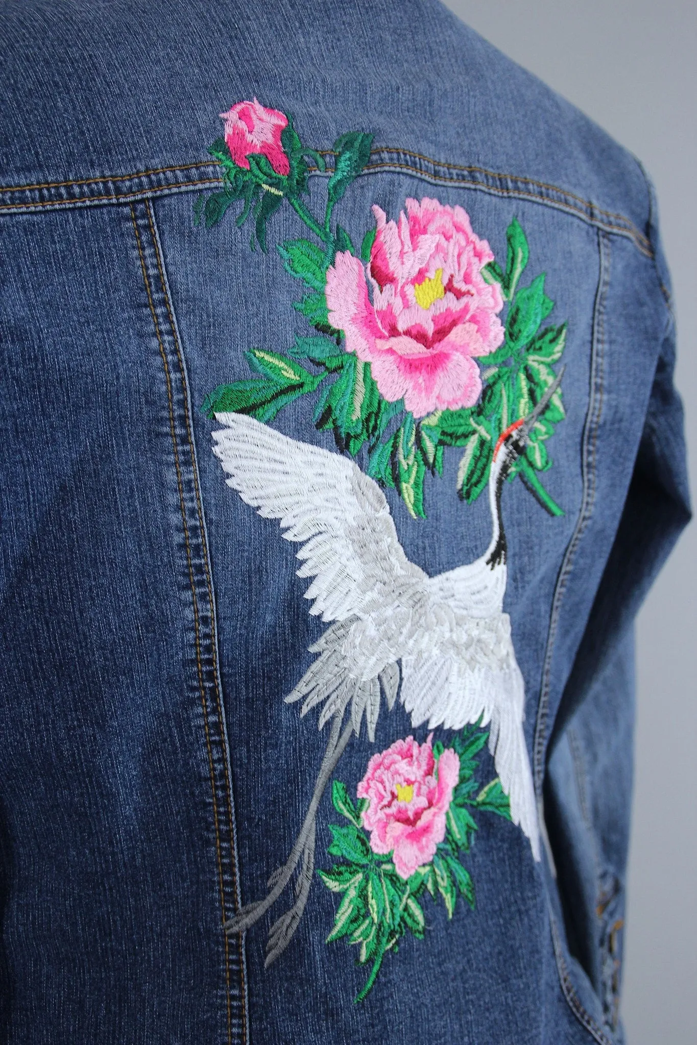 Embroidered Denim Jacket / Asian Crane Bird & Peony Floral Embroidery