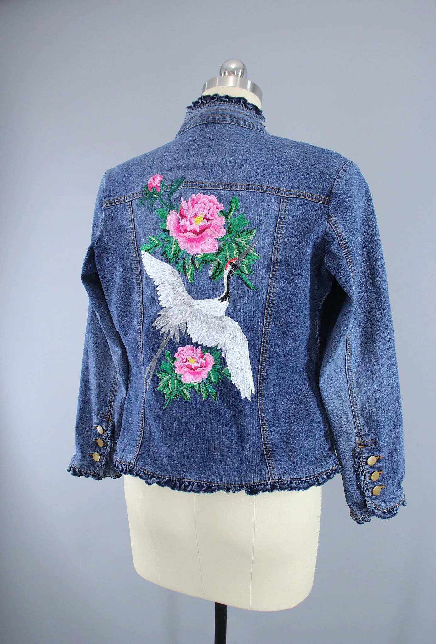 Embroidered Denim Jacket / Asian Crane Bird & Peony Floral Embroidery