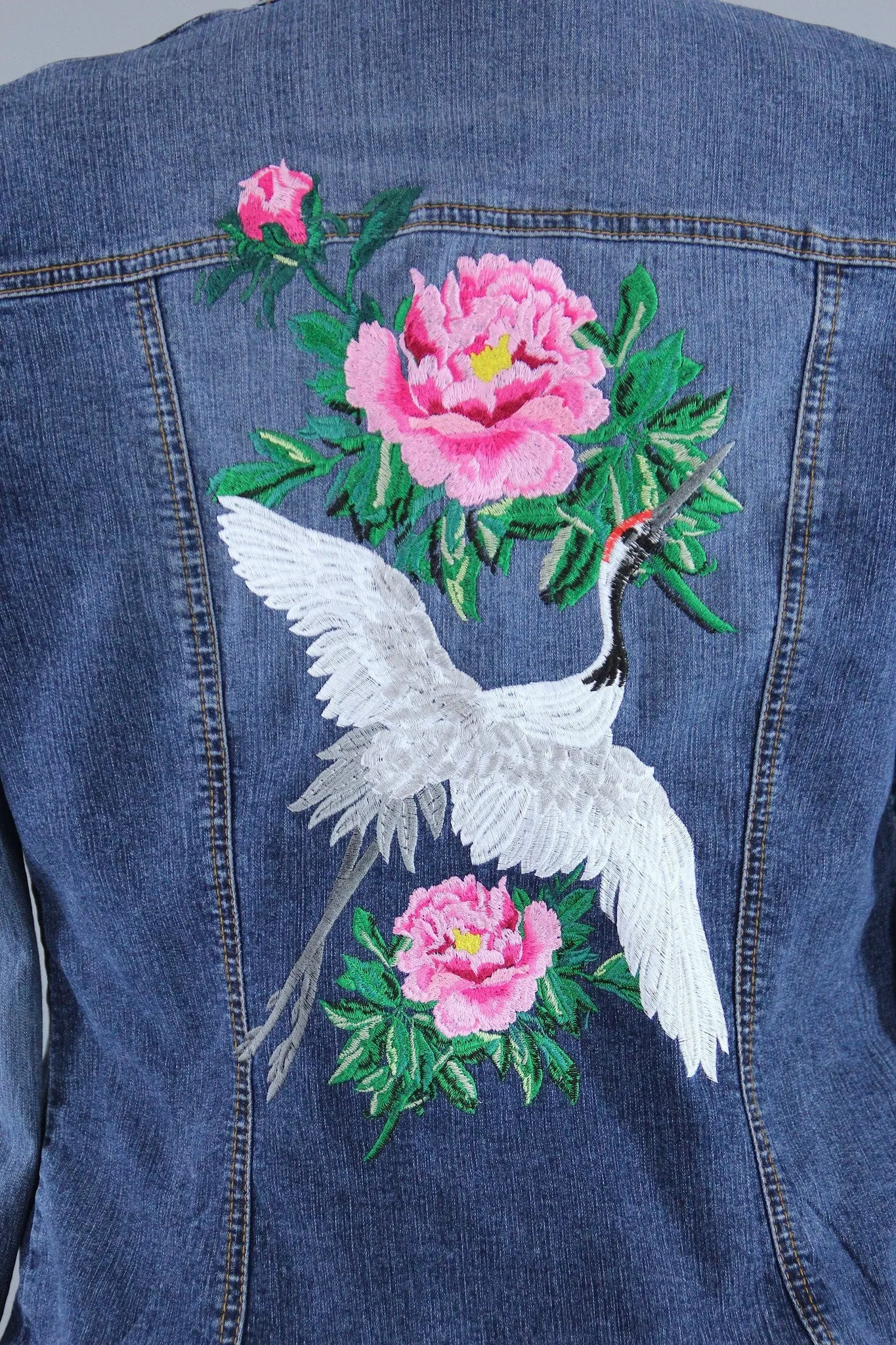 Embroidered Denim Jacket / Asian Crane Bird & Peony Floral Embroidery