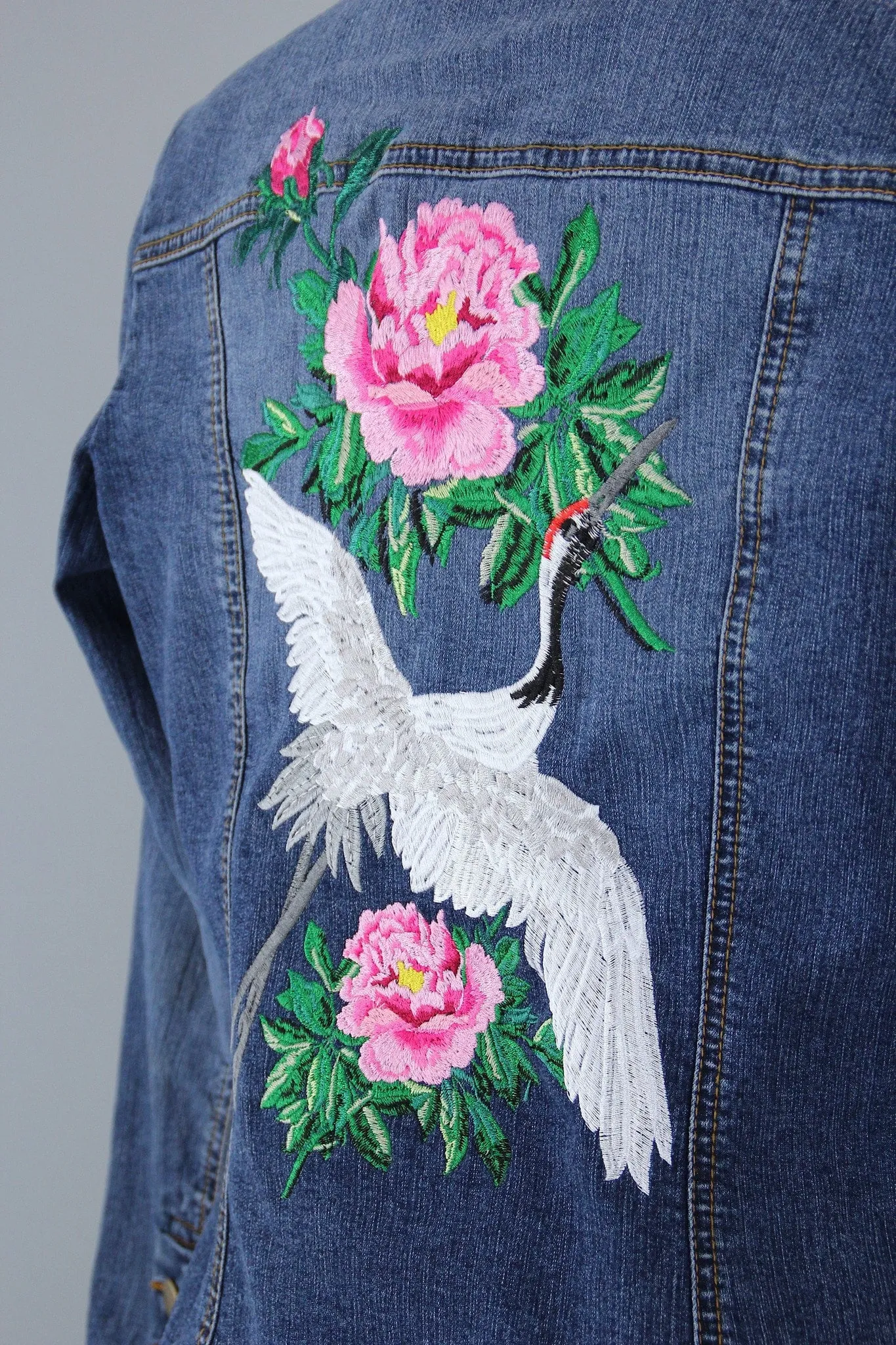 Embroidered Denim Jacket / Asian Crane Bird & Peony Floral Embroidery