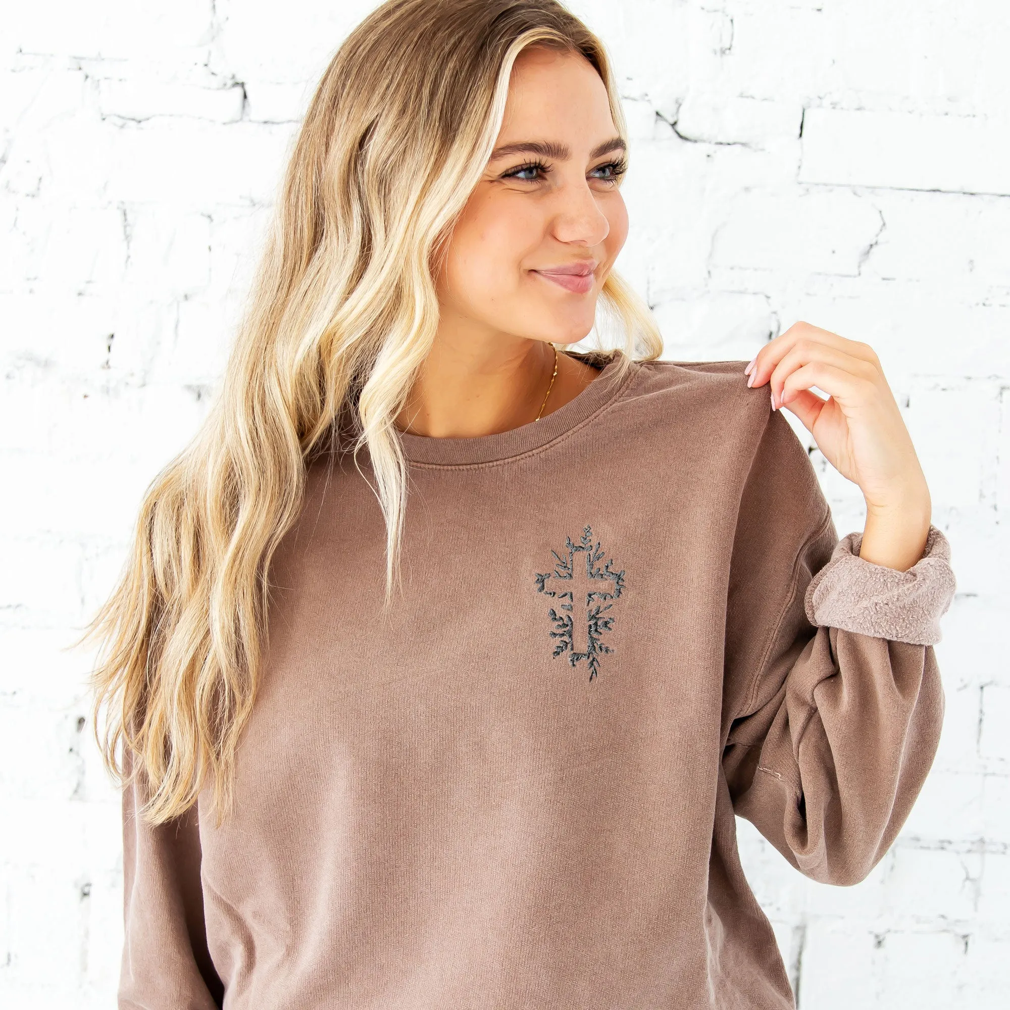 Embroidered Floral Cross Comfort Colors Lightweight Crewneck Sweatshirt