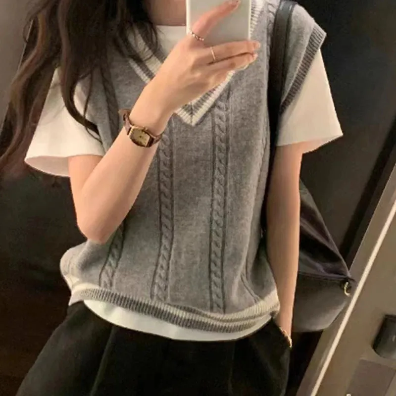 EVNISI Women Patchwork V-neck Knit Sweater Vest Sleeveless Rib Preppy Style Pullover Casual Sweater Vest For Women 2023 Autumn