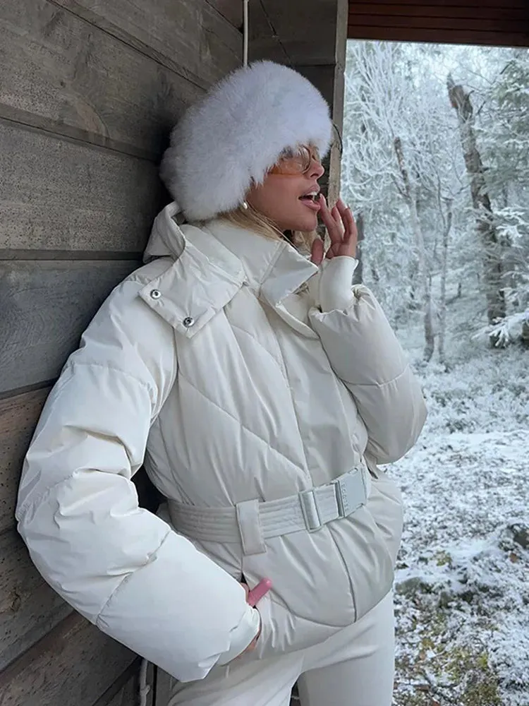 Fashionkova Christmas Gift Outfit White Elegant Hooded Warm Stand Collar Short Cotton Jacket Fashion Solid Color Zipper Lady Down Coat New Winter Commuter Wear