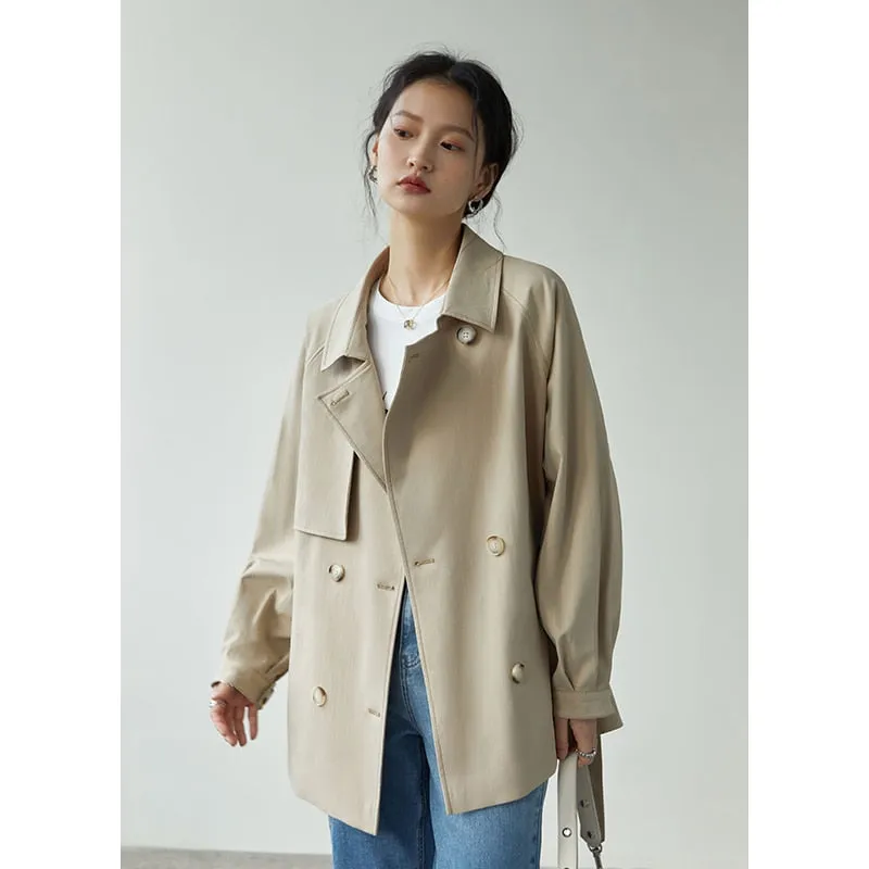 Fashionkova Japanese Turn down Collar Full Regular Sleeve Khaki Trench Loose Straight Short Jakcet Office Lady Fabric Belt Coat