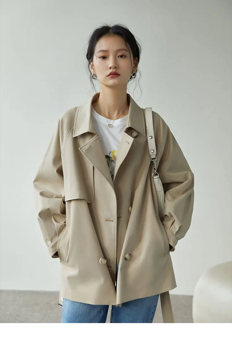 Fashionkova Japanese Turn down Collar Full Regular Sleeve Khaki Trench Loose Straight Short Jakcet Office Lady Fabric Belt Coat