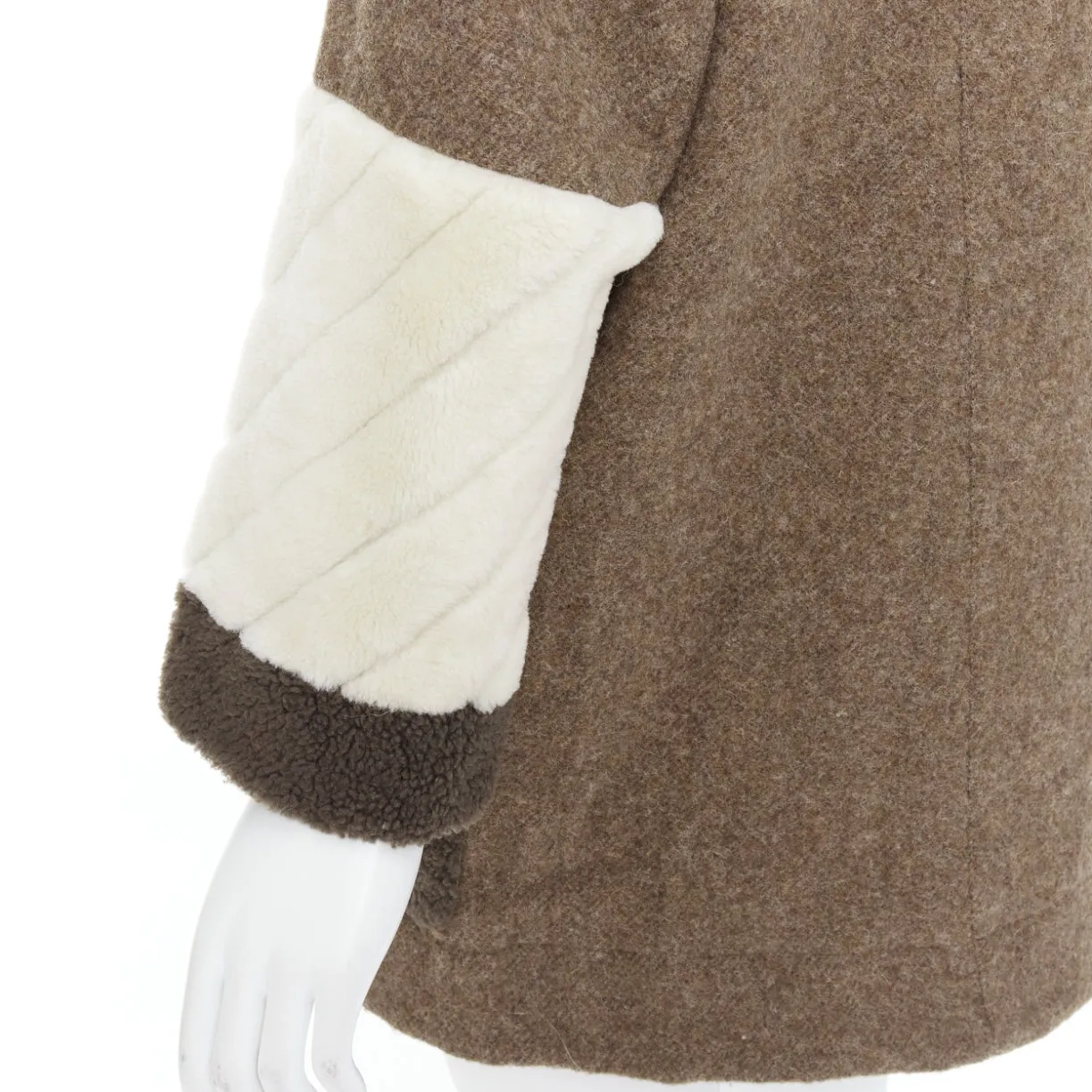 FENDI colorblocked brown wool patchwork fur hooded parka coat IT38 XS