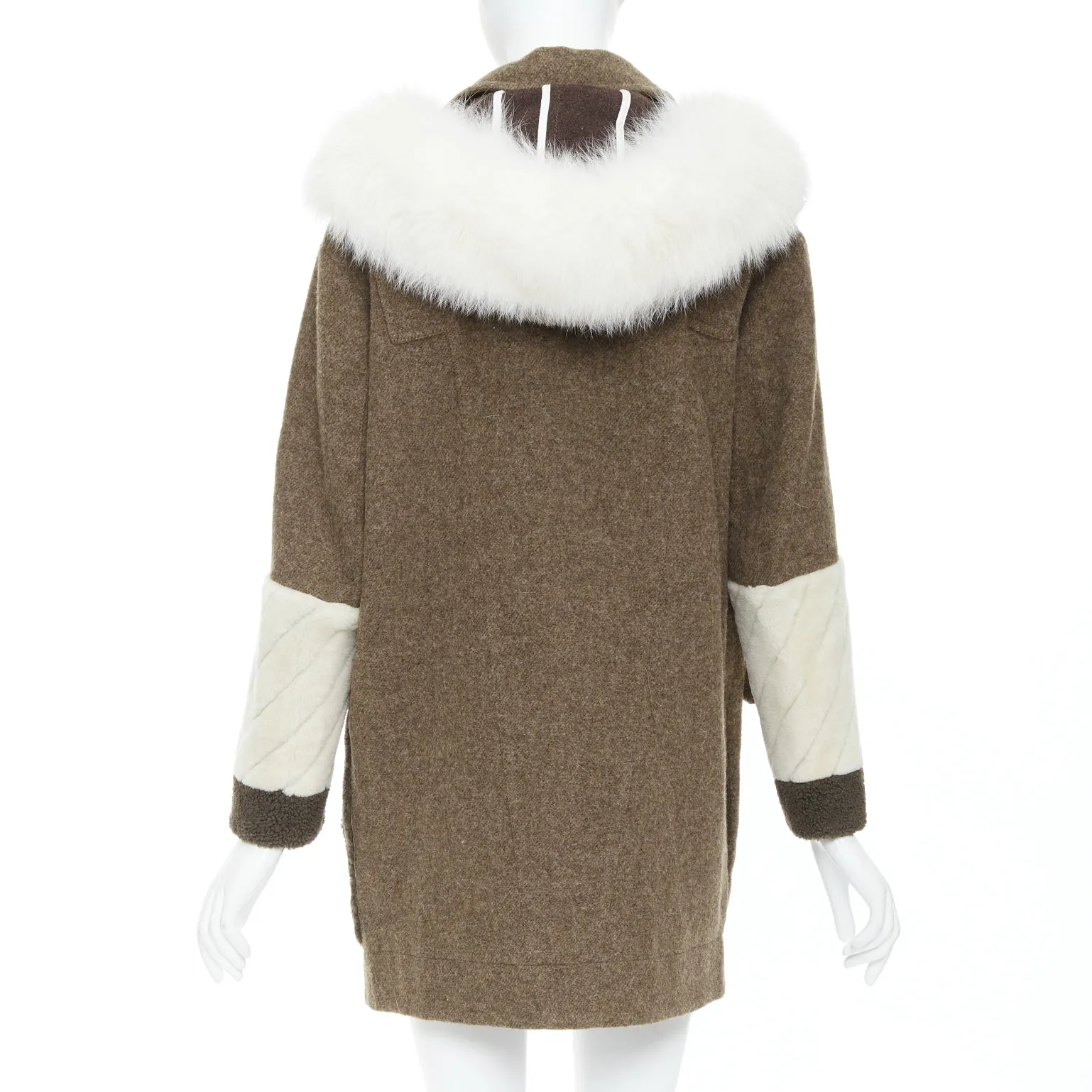 FENDI colorblocked brown wool patchwork fur hooded parka coat IT38 XS