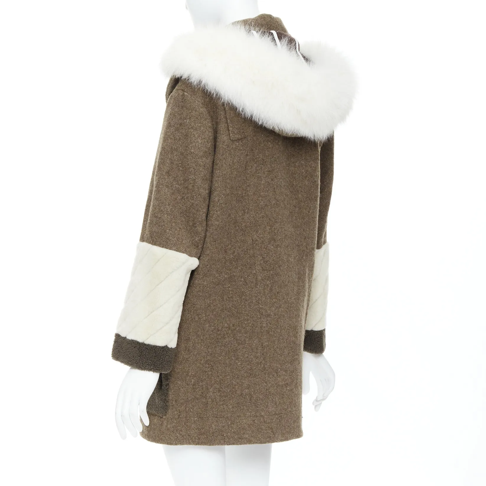 FENDI colorblocked brown wool patchwork fur hooded parka coat IT38 XS