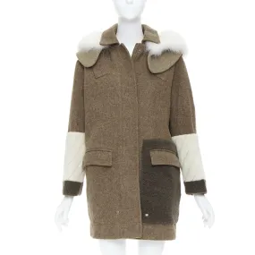 FENDI colorblocked brown wool patchwork fur hooded parka coat IT38 XS