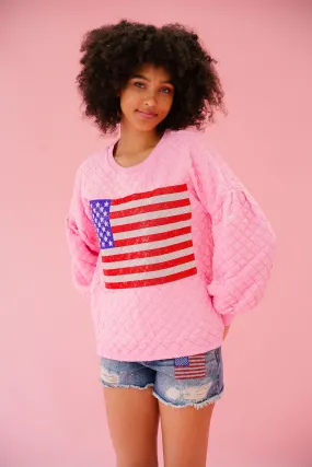 FLAG PATCH PINK QUILTED PULLOVER