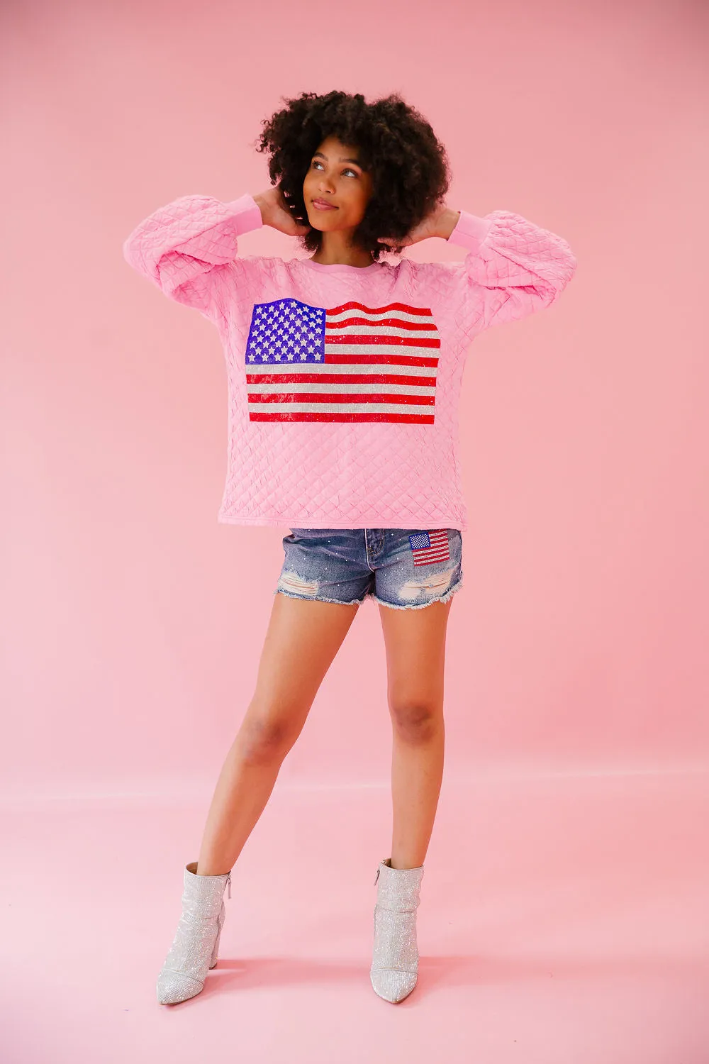 FLAG PATCH PINK QUILTED PULLOVER