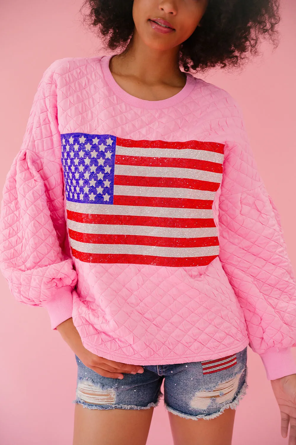 FLAG PATCH PINK QUILTED PULLOVER