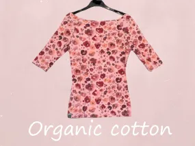 Flower print  T shirt met boothals/ flower printed  boatneck T shirt organic cotton